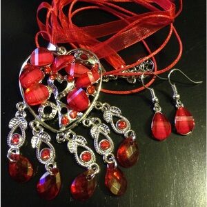 New 3 Piece Red Heart Cord and Chiffon Necklace With Matching Earrings